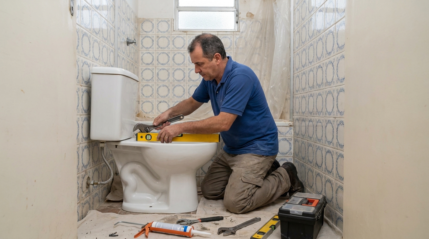 Técnico instalando vaso sanitário em Tatuapé‑SP